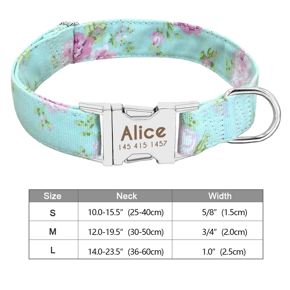 Personalized Dog Collar Floral, Girl Dog Collar with Metal Buckle, Flowers Pattern Dog Collar, Engraved Dog Collar with Name, Puppy Collar 109