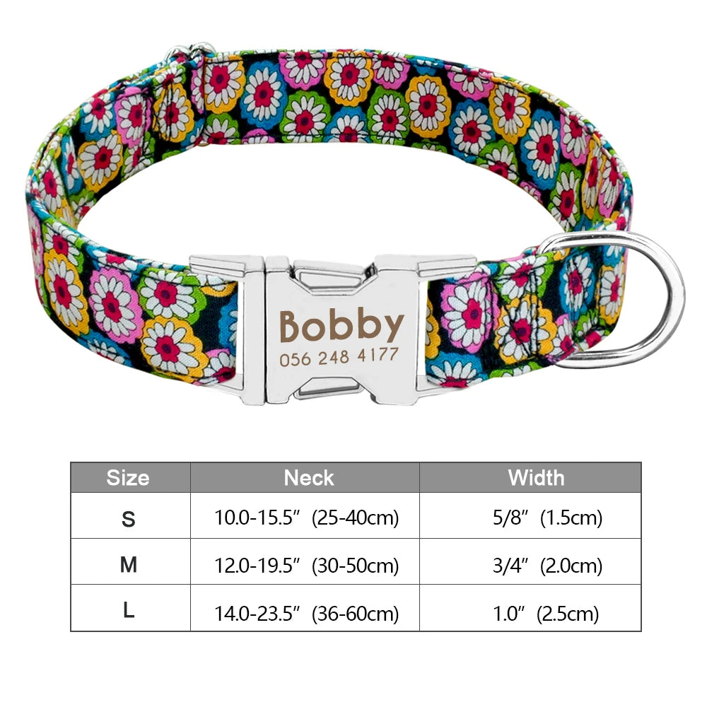 Personalized Dog Collar Floral, Girl Dog Collar with Metal Buckle, Flowers Pattern Dog Collar, Engraved Dog Collar with Name, Puppy Collar 109