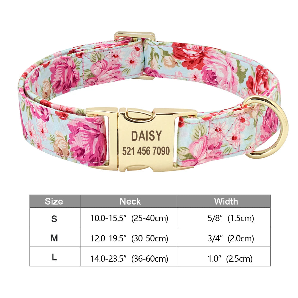 Personalized Dog Collar Floral, Girl Dog Collar with Metal Buckle, Flowers Pattern Dog Collar, Engraved Dog Collar with Name, Puppy Collar 109
