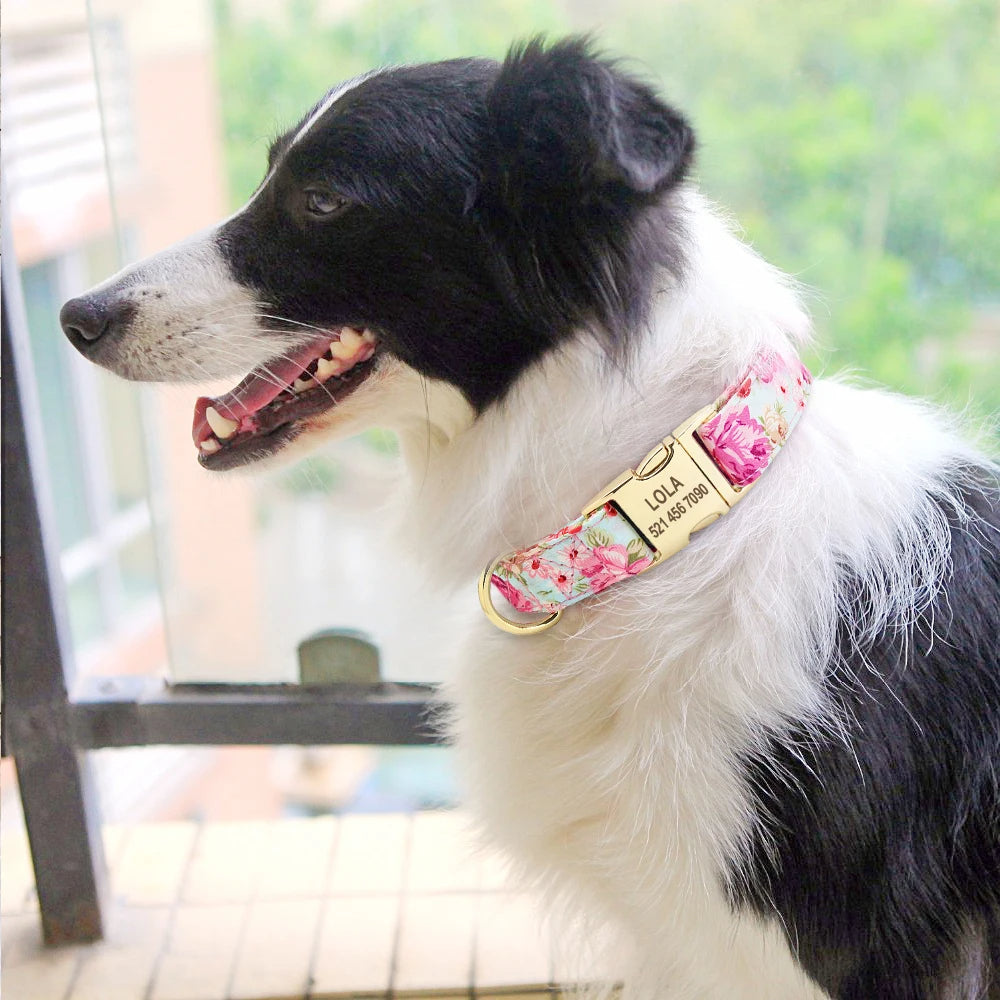 Personalized Dog Collar Floral, Girl Dog Collar with Metal Buckle, Flowers Pattern Dog Collar, Engraved Dog Collar with Name, Puppy Collar 109
