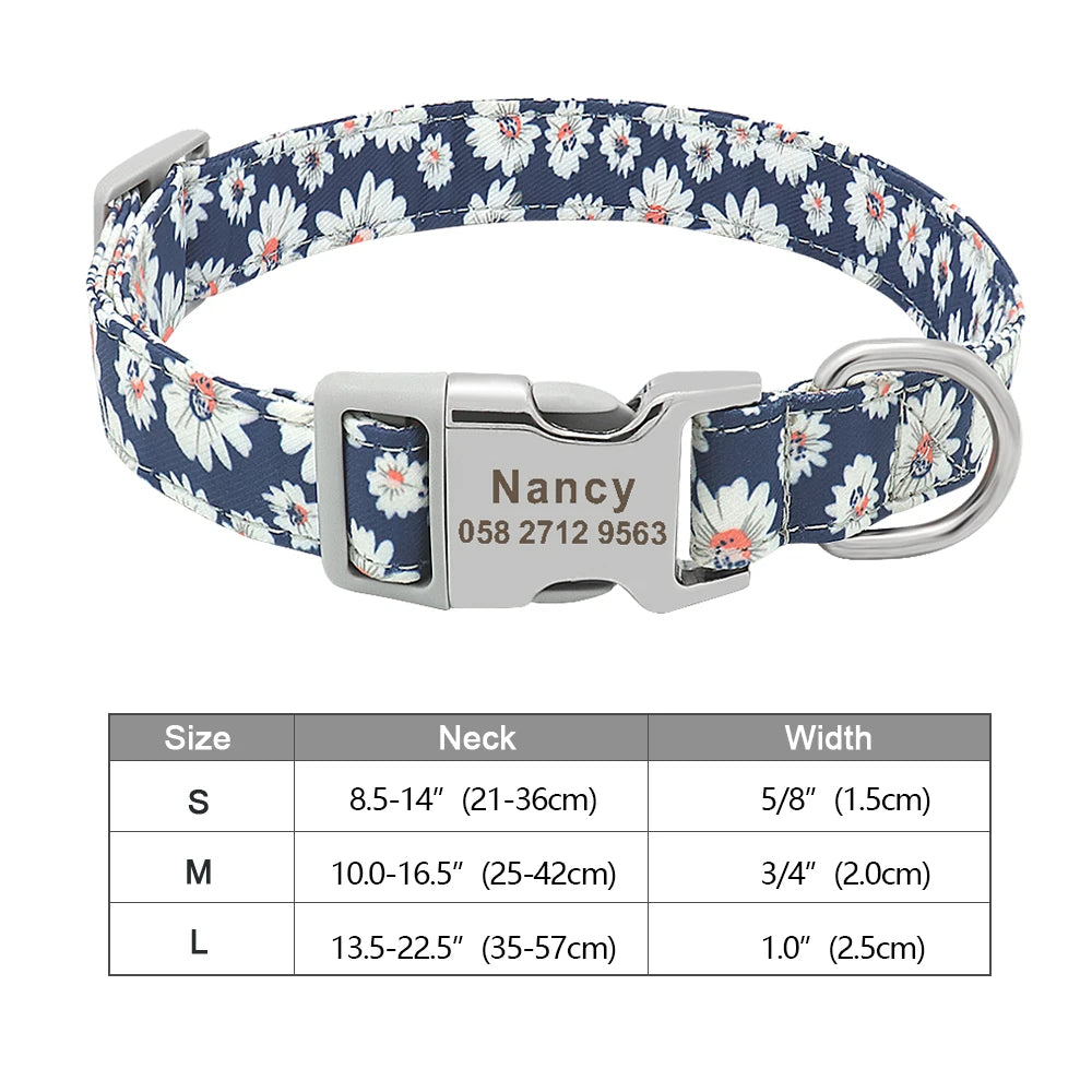 Personalized Dog Collar Floral, Girl Dog Collar with Metal Buckle, Flowers Pattern Dog Collar, Engraved Dog Collar with Name, Puppy Collar 109