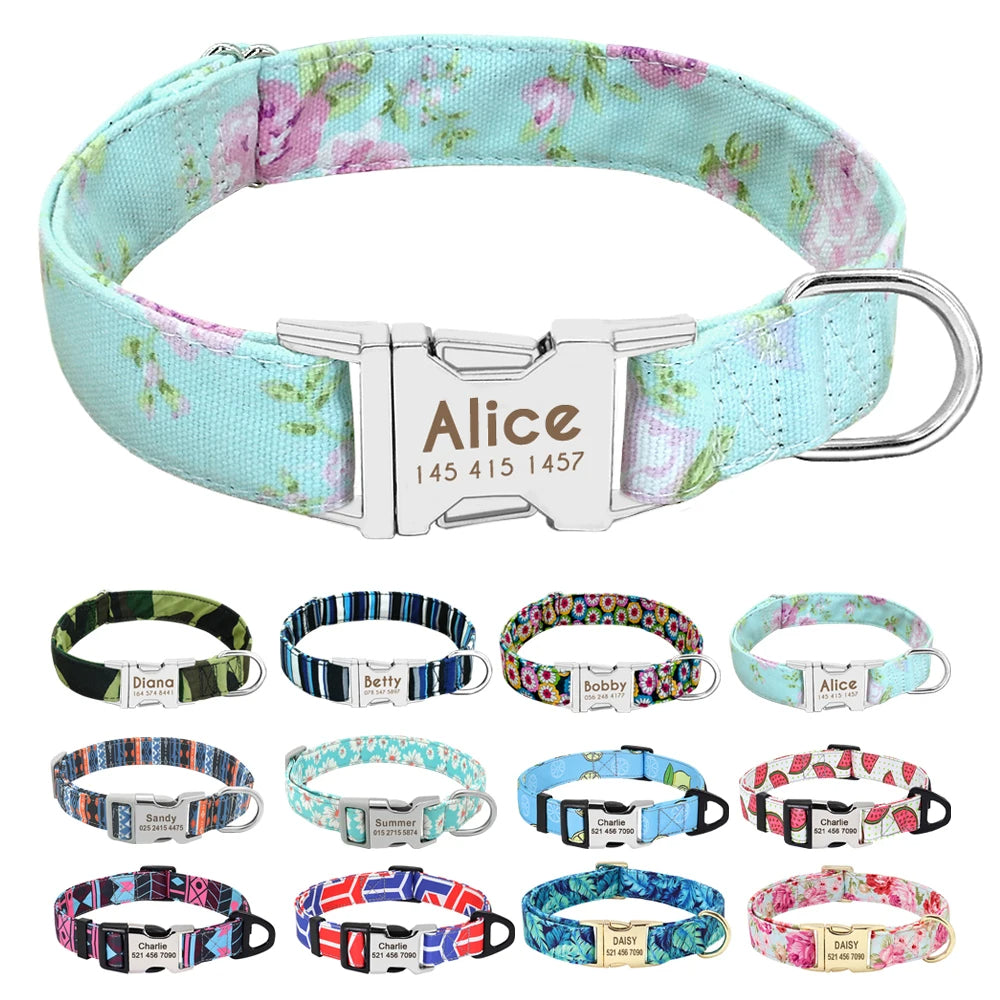 Personalized Dog Collar Floral, Girl Dog Collar with Metal Buckle, Flowers Pattern Dog Collar, Engraved Dog Collar with Name, Puppy Collar 109