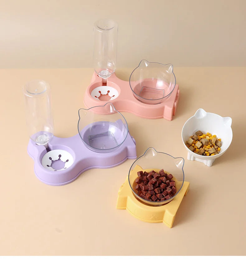 2 PCS Cat Food Bowl Automatic Feeder Water Dispenser Pet Dog Cat Food Container Drinking Raised Stand Dish bowl Pet Waterer Feeder water fountain 134