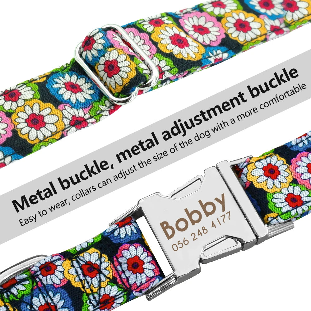 Personalized Dog Collar Floral, Girl Dog Collar with Metal Buckle, Flowers Pattern Dog Collar, Engraved Dog Collar with Name, Puppy Collar 109