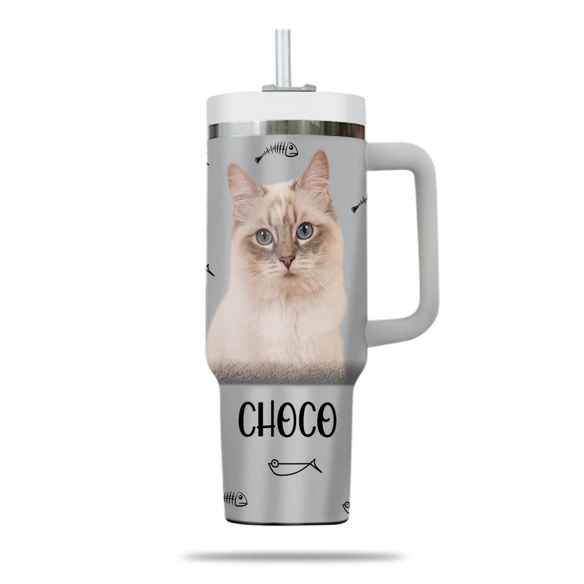 Custom Pet Photo Tumbler 40oz With Handle, Watercolor Pet Portrait From Photo Tumbler, Personalized Cat Face Photo Tumbler with Straw, Cat Lover Tumbler, Stainless Steel Tumbler, Insulated Tumbler 16