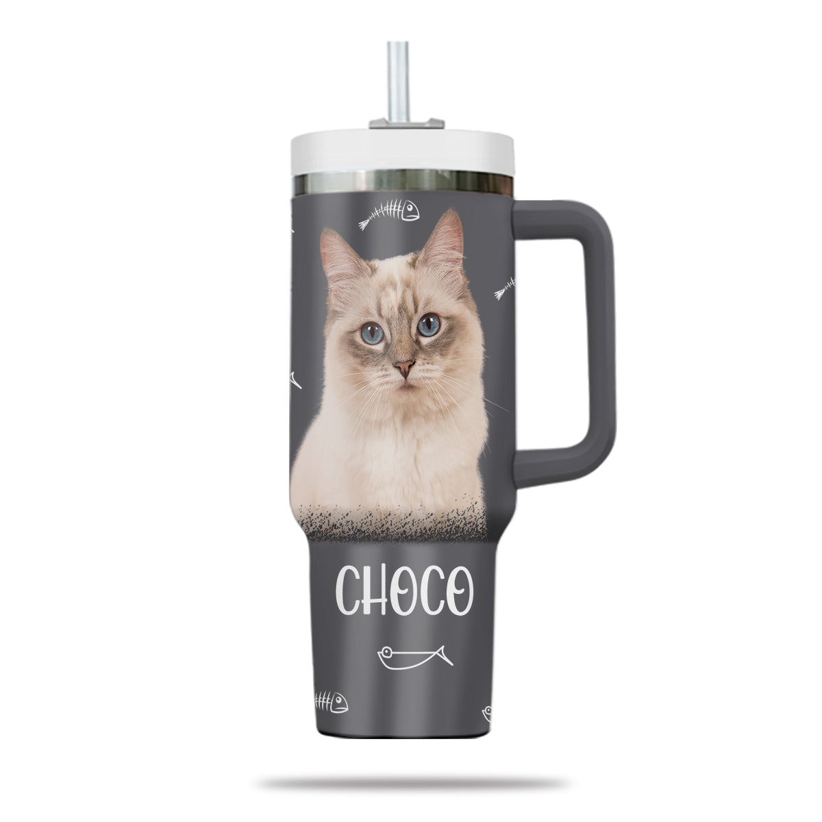 Custom Pet Photo Tumbler 40oz With Handle, Watercolor Pet Portrait From Photo Tumbler, Personalized Cat Face Photo Tumbler with Straw, Cat Lover Tumbler, Stainless Steel Tumbler, Insulated Tumbler 16