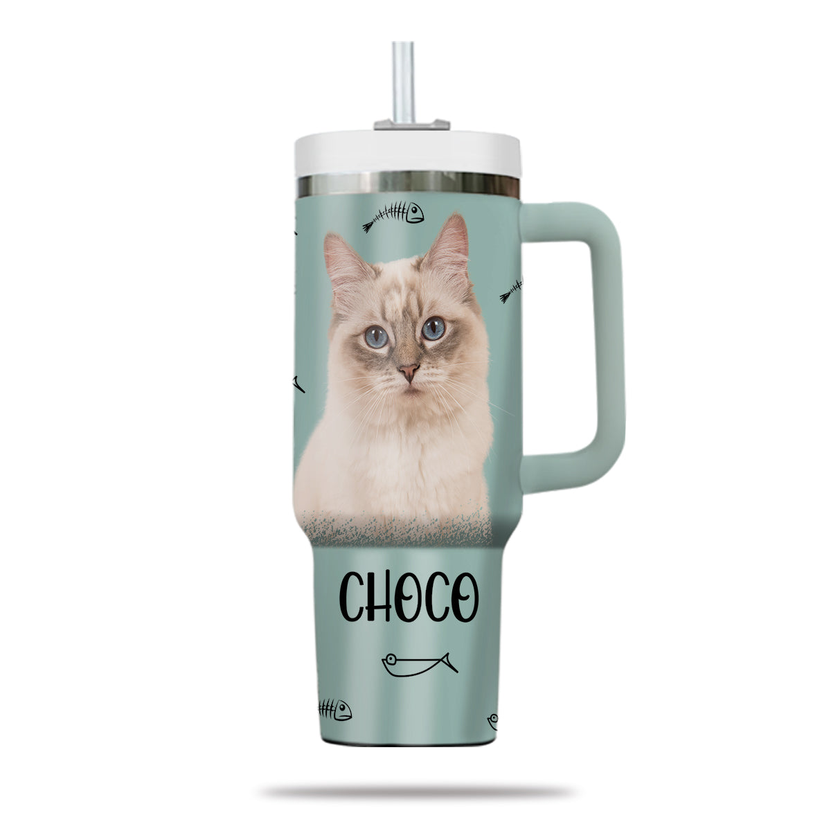 Custom Pet Photo Tumbler 40oz With Handle, Watercolor Pet Portrait From Photo Tumbler, Personalized Cat Face Photo Tumbler with Straw, Cat Lover Tumbler, Stainless Steel Tumbler, Insulated Tumbler 16