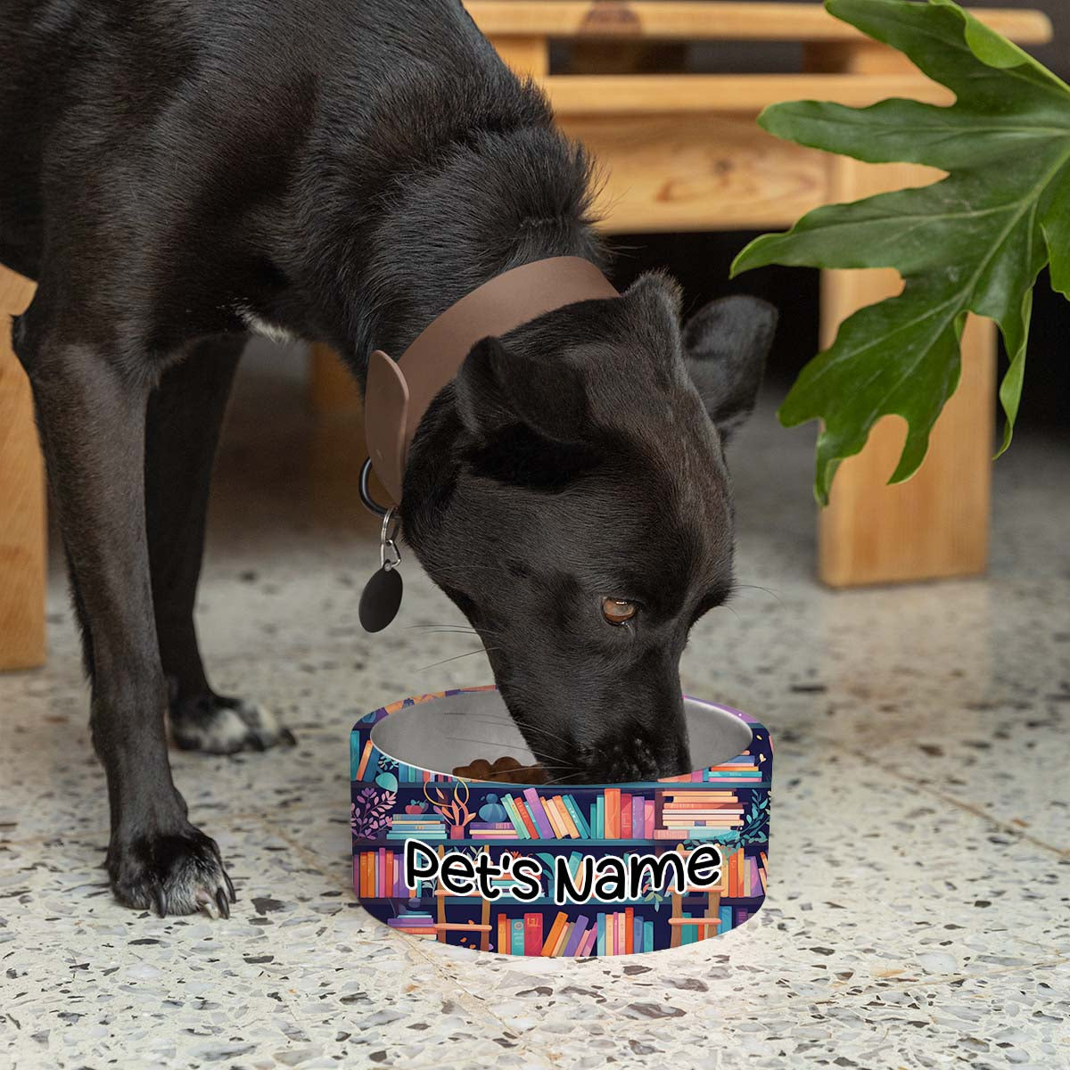 Personalized Dog Pet Cat Bowls, Teal Boho Book Lovers Library Custom Pet Bowls for Dogs and Cats, Eclectic Modern Spotted Dishes With Name, Ceramic Custom Cute Dog Bowls, Designer Large and Small Dog Cat Pet Bowls Dish, Gift for Pet
