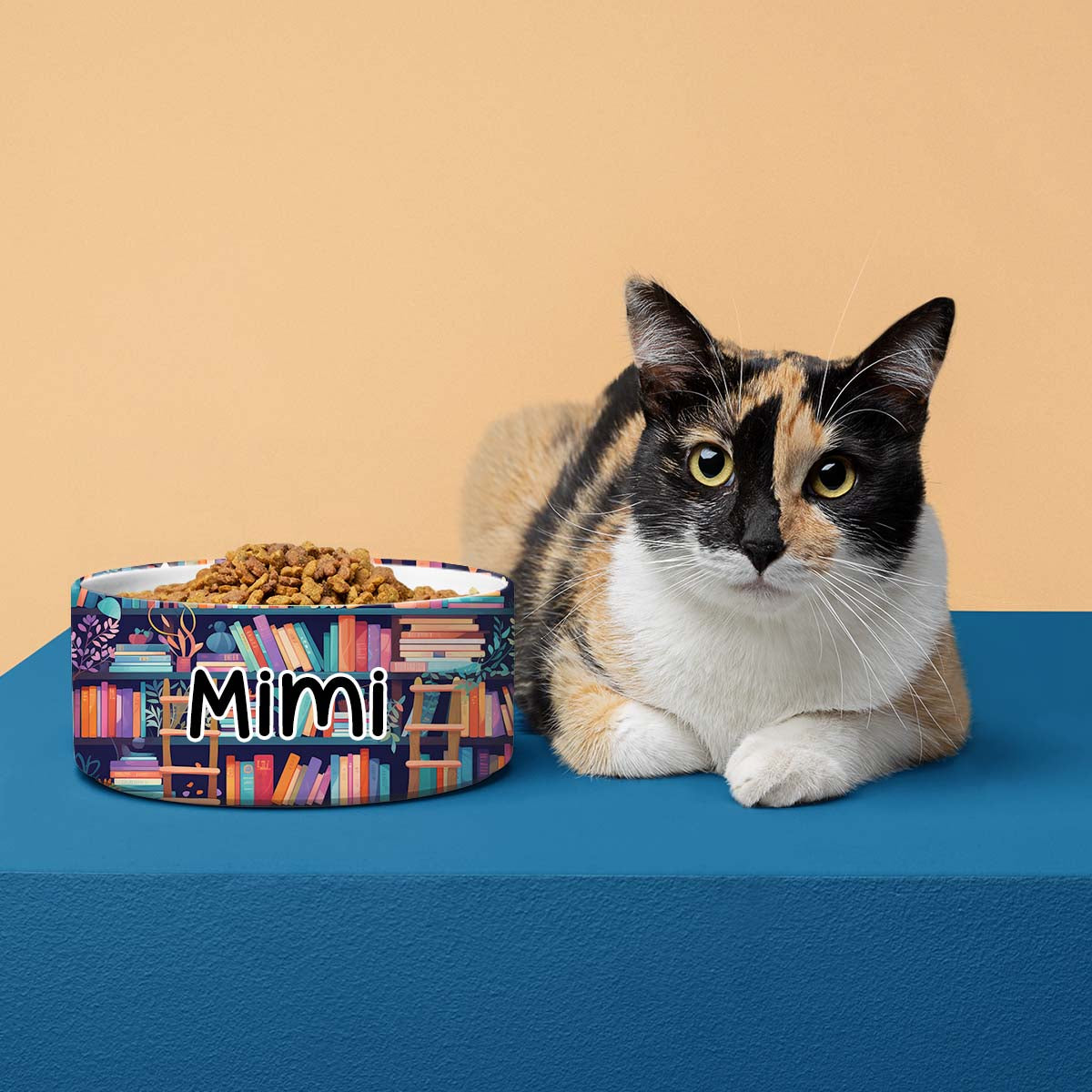 Personalized Dog Pet Cat Bowls, Teal Boho Book Lovers Library Custom Pet Bowls for Dogs and Cats, Eclectic Modern Spotted Dishes With Name, Ceramic Custom Cute Dog Bowls, Designer Large and Small Dog Cat Pet Bowls Dish, Gift for Pet