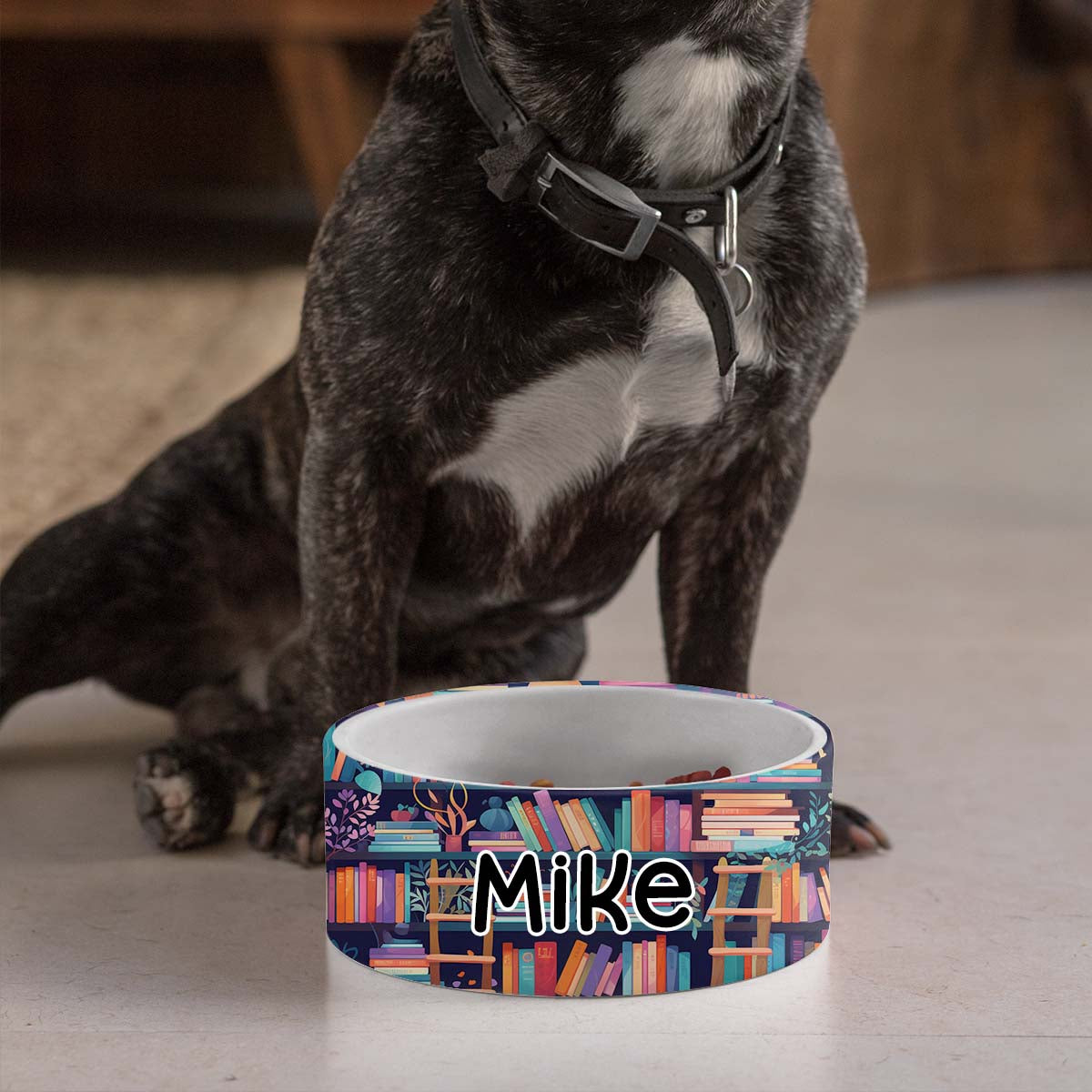 Personalized Dog Pet Cat Bowls, Teal Boho Book Lovers Library Custom Pet Bowls for Dogs and Cats, Eclectic Modern Spotted Dishes With Name, Ceramic Custom Cute Dog Bowls, Designer Large and Small Dog Cat Pet Bowls Dish, Gift for Pet