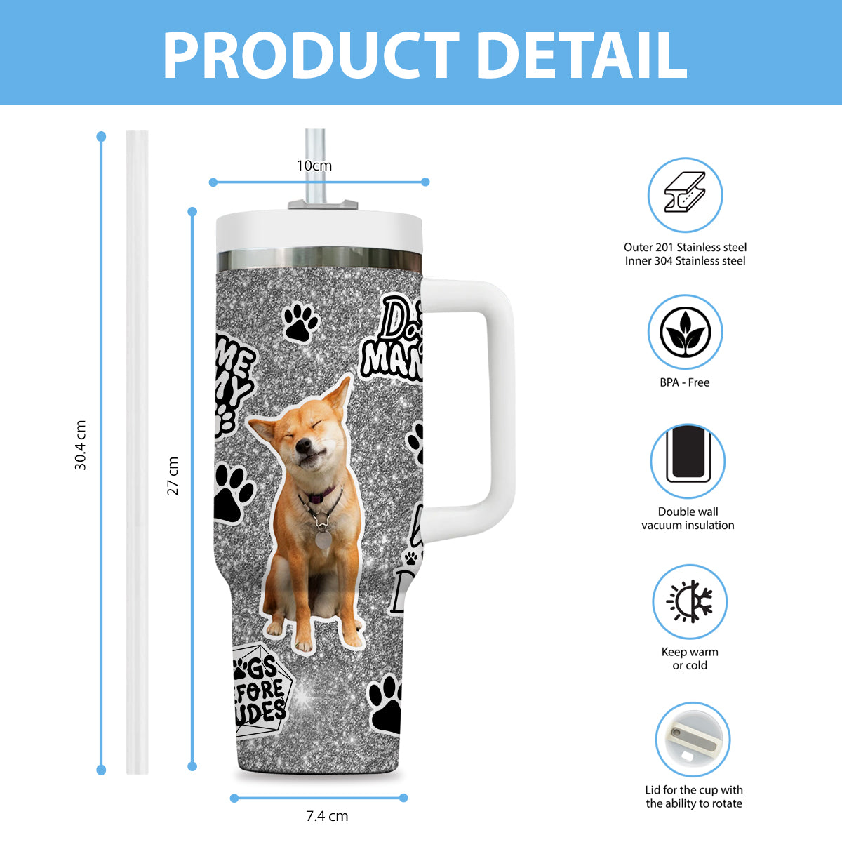 Custom Pet Photo Tumbler 40oz With Handle, Watercolor Pet Portrait From Photo Tumbler, Puppies Tumbler with Straw, Dog Lover Tumbler, Favorite Pet Tumbler, Stainless Steel Tumbler, Insulated Tumbler, Pet Photo Gift with Custom Pet Image 21