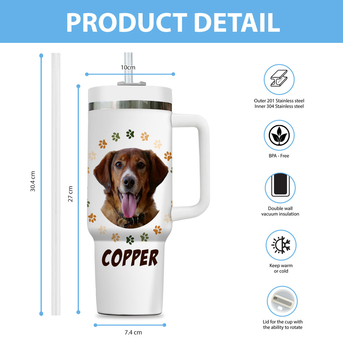Custom Pet Photo Tumbler 40oz With Handle, Watercolor Pet Portrait From Photo Tumbler, Puppies Tumbler with Straw, Dog Lover Tumbler, Favorite Pet Tumbler, Stainless Steel Tumbler, Insulated Tumbler, Pet Photo Gift with Custom Pet Image 24
