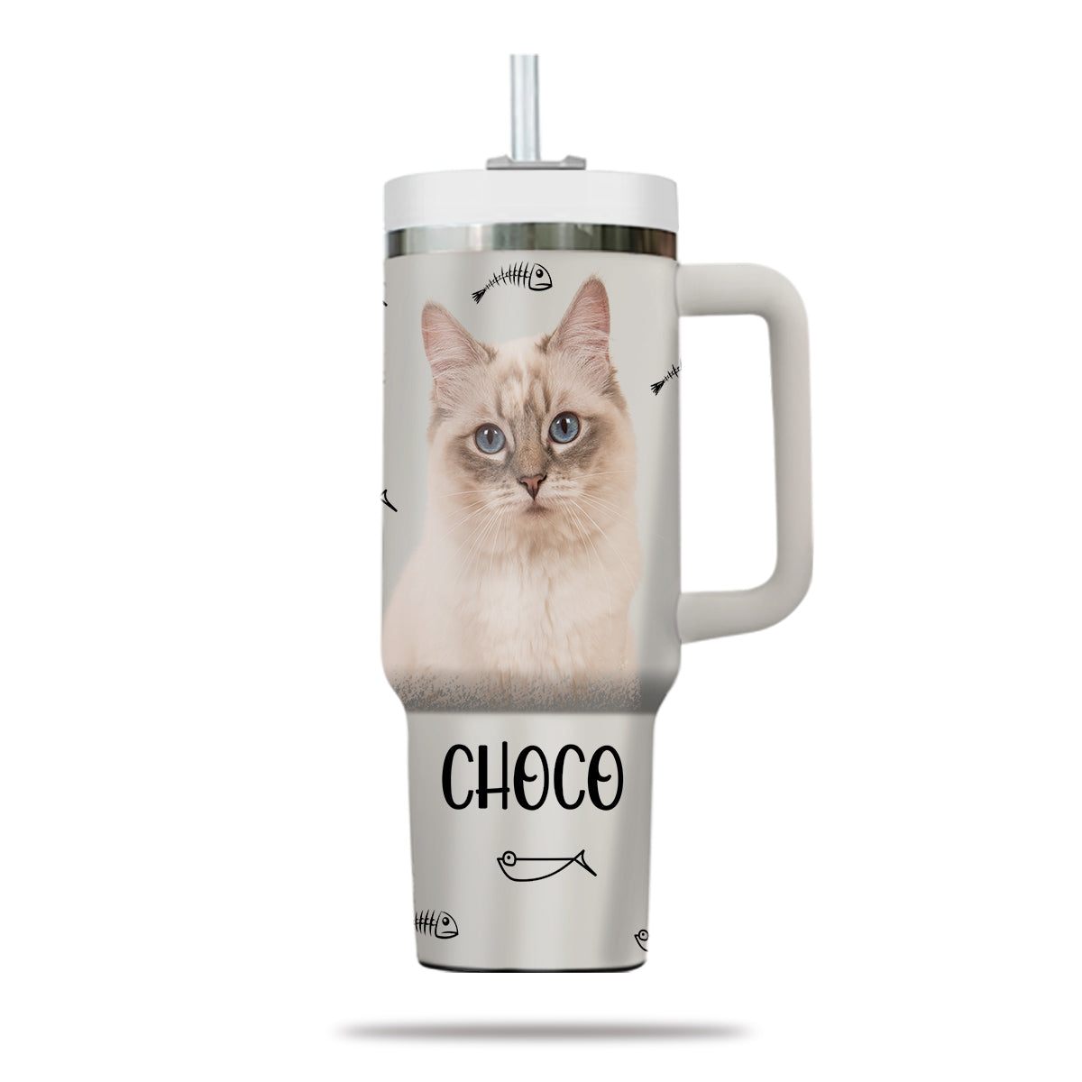 Custom Pet Photo Tumbler 40oz With Handle, Watercolor Pet Portrait From Photo Tumbler, Personalized Cat Face Photo Tumbler with Straw, Cat Lover Tumbler, Stainless Steel Tumbler, Insulated Tumbler 16