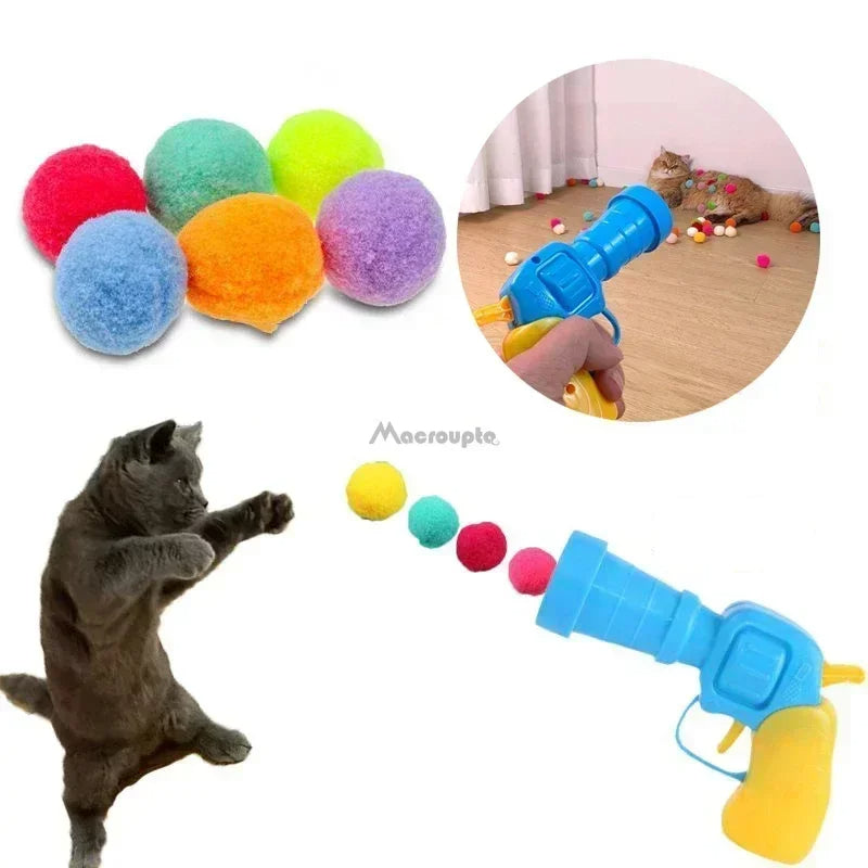 2 PCS Cat Toy Ball Launcher Toy Shooter, Silent Plush Elastic Cat Ball Toy with 80Pcs Pom Pom Balls's Kitty Toys, Cat Toys Interactive for Indoor Peppy Pet Cats Exercise Games  127