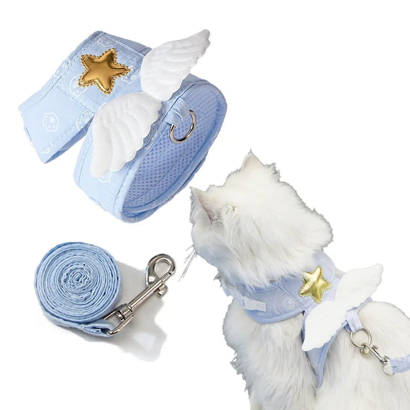 Blue Angel Wings  Harness and Leash Set, Adjustable Length for Cats Small Dog Pets, Baby Rose Soft Velcro and Buckle, Gift Gold Star Hero, Pet Accessories, Dog Style, Dog Fashion, Gift For Pet 29