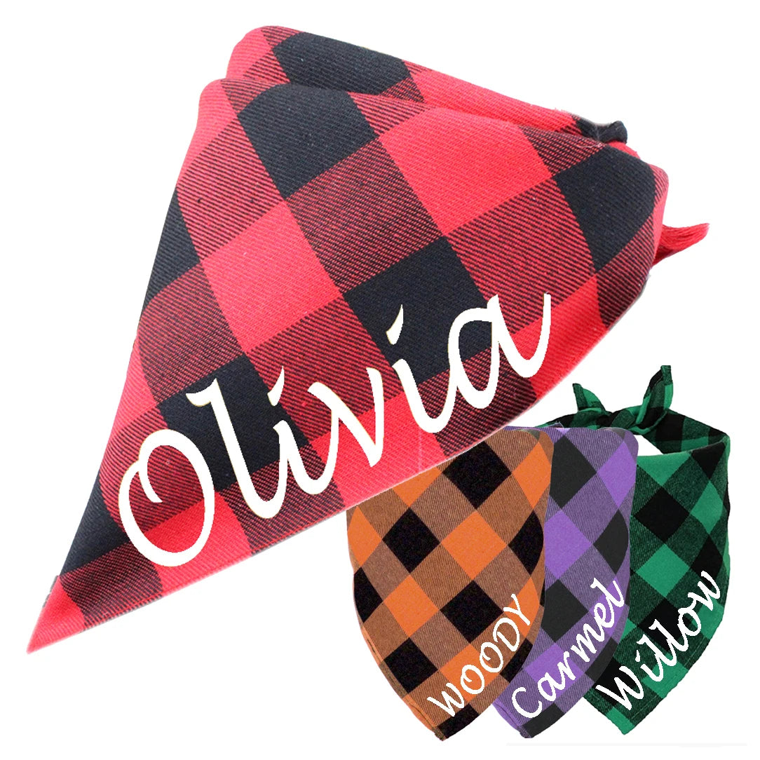 2PCS Personalized Name ID Pet Bandanas for Dog Cat Plaid Triangular Bib Scarf Collar Pet Items Puppy Accessories 112