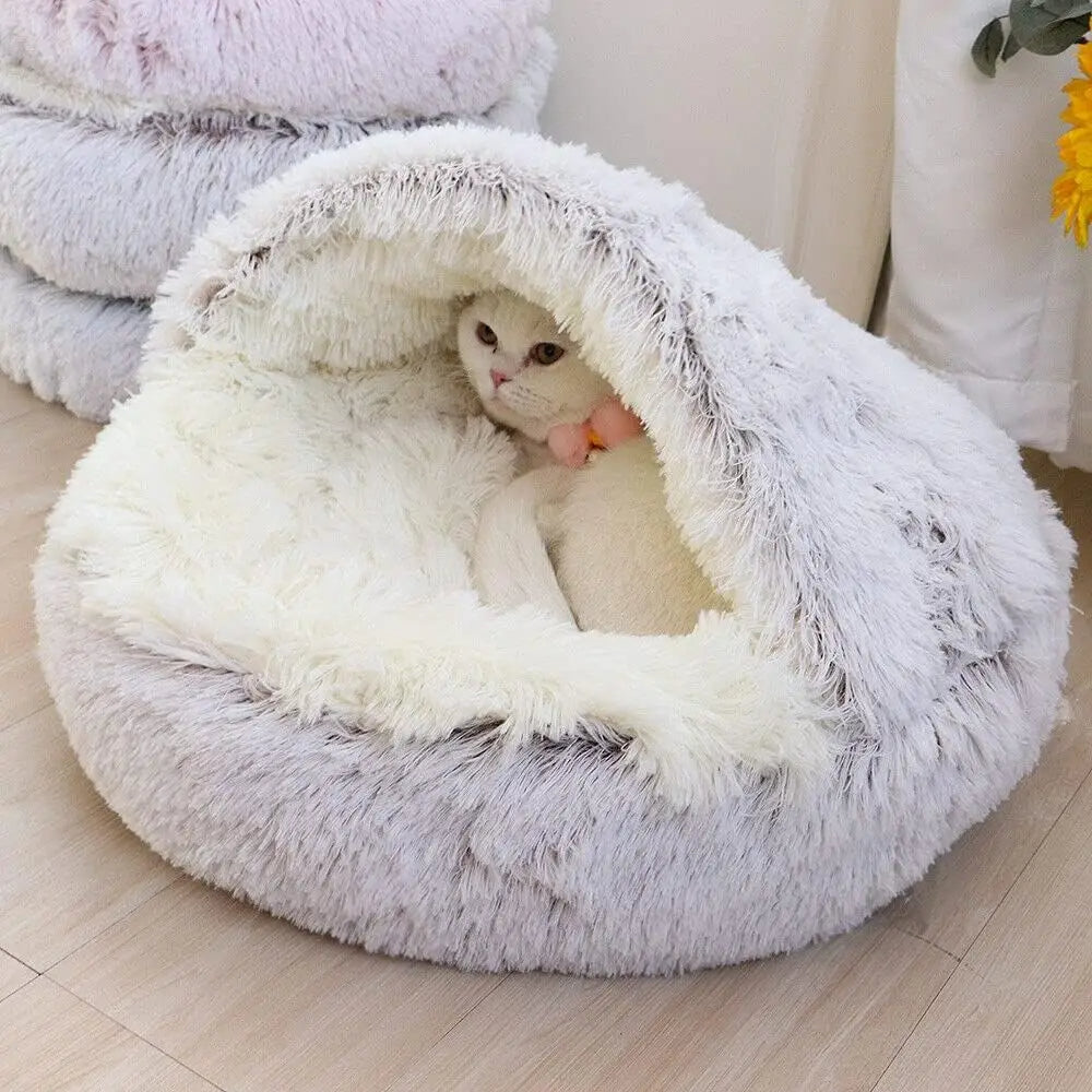 Cat Bed Round Soft Plush Fluffy Cave Hooded Cat Bed Donut for Dogs & Cats, Faux Fur Cuddler Round Cushion Comfortable Self Warming Pet Bed, Machine Washable 97