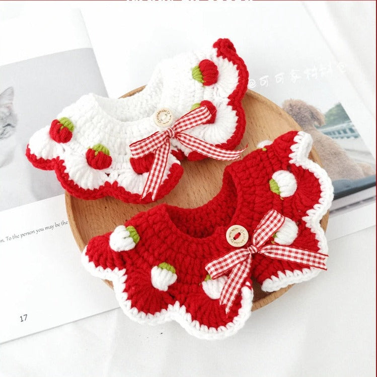 Cat Bow, Kawaii Cat Bowtie, Flower Pet Bow, Kitten Crochet Collar, Knitted Pet Accessories, Cat Tie, Flower Cat Bow Tie, Strawberry Bow, Pet Accessories 03