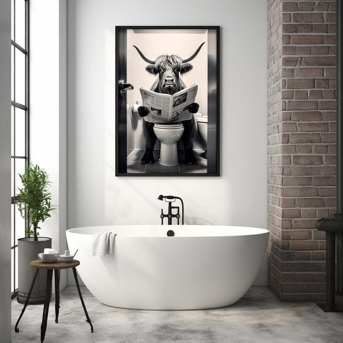 Highland Cow  Sitting on the Toilet Reading a Newspaper, Funny Bathroom Wall Decor, Funny Animal Print, Home Printables, Digital Download