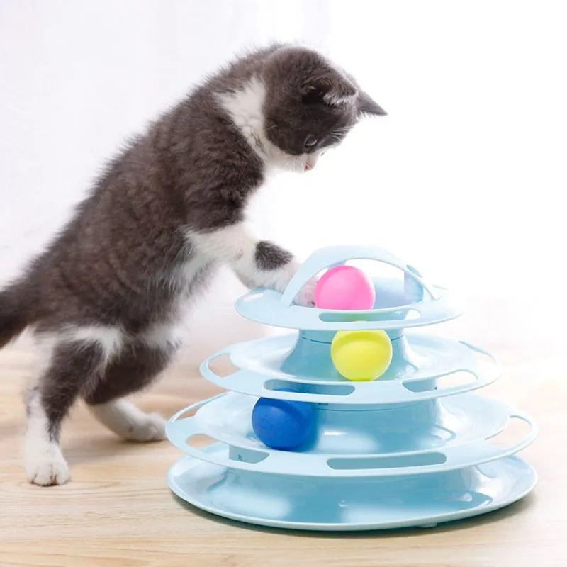 4-Layer Cat Turntable Toy - Interactive Play Track Tower, Colorful Balls Exerciser Game, Fun Puzzle Kitty Toy 129