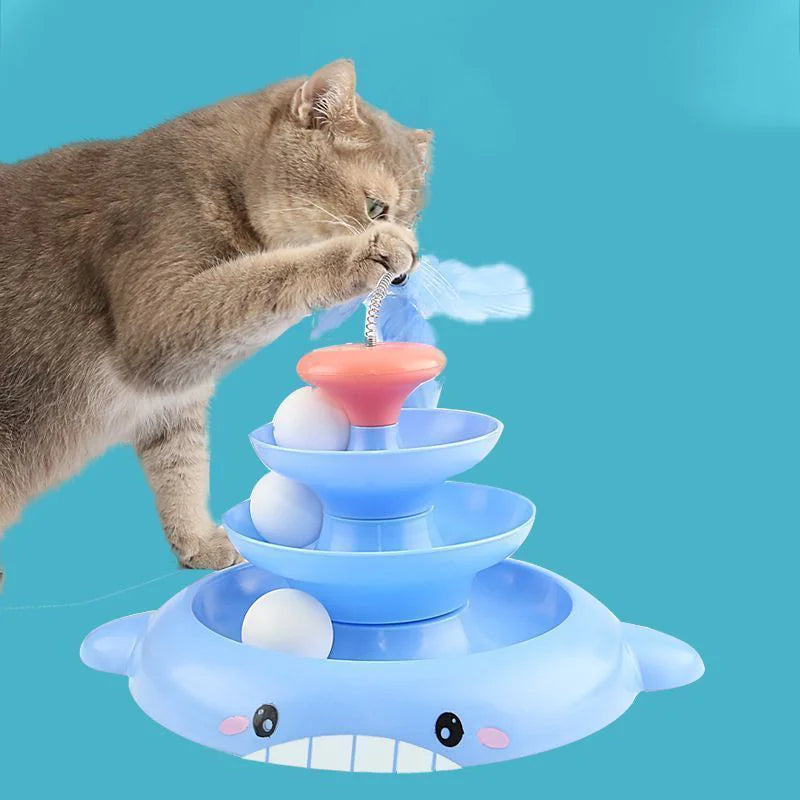 3-Layer Cat Turntable Toy - Interactive Play Track Tower, Colorful Balls Exerciser Game, Fun Puzzle Kitty Toy 130