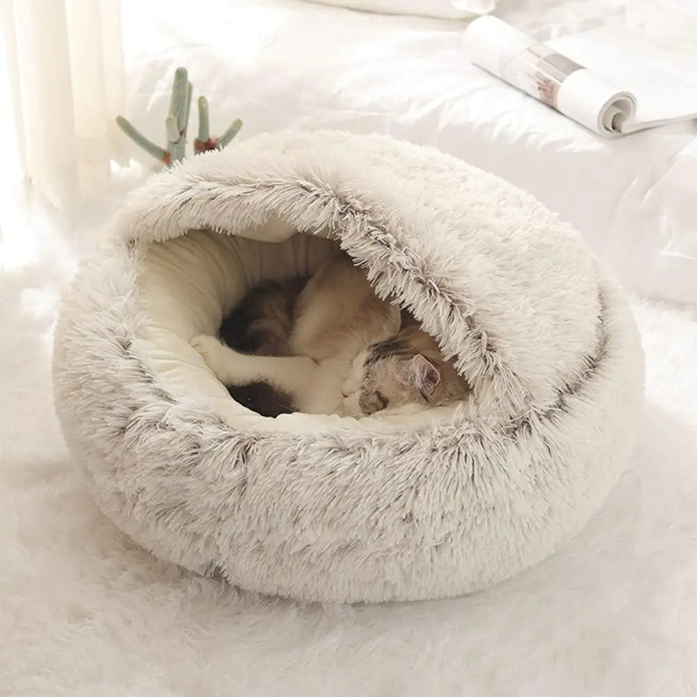 Cat Bed Round Soft Plush Fluffy Cave Hooded Cat Bed Donut for Dogs & Cats, Faux Fur Cuddler Round Cushion Comfortable Self Warming Pet Bed, Machine Washable 97