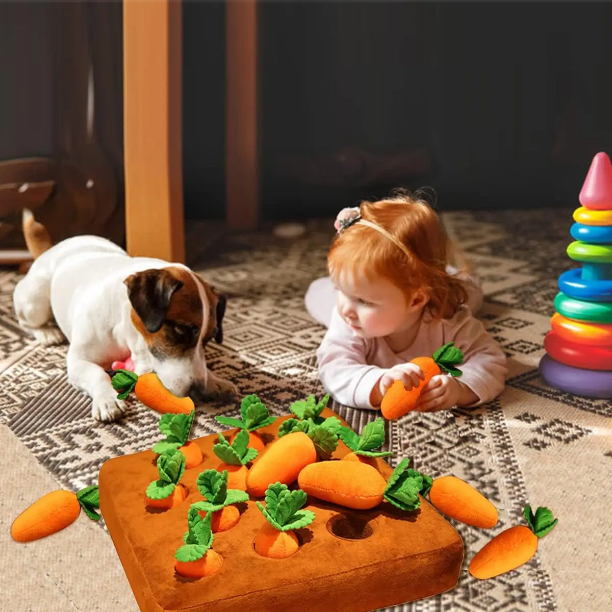 Toy Plush Plants Stuffed Carrots Farm Interactive Dog Toys, Carrot Snuffle Mat for Dogs Plush Puzzle Toys 2 in 1 Non-Slip Nosework Feed Games for Aggressive Chewers Pet Stress Relief with 12 Carrots, Puppy Toys, Gift For Pet 46