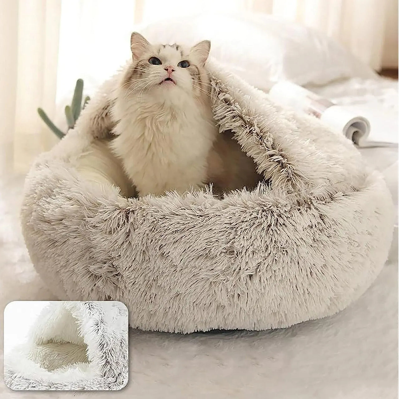 Cat Bed Round Soft Plush Fluffy Cave Hooded Cat Bed Donut for Dogs & Cats, Faux Fur Cuddler Round Cushion Comfortable Self Warming Pet Bed, Machine Washable 97