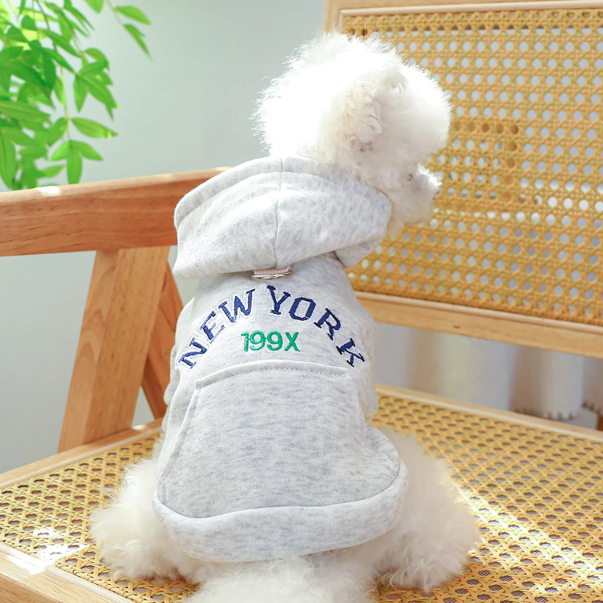 Pet Apparel Dog Spring and Autumn New York Pocket Grey Casual Hooded Coat With Drawstring Buckle For Small Medium Dogs, Gift For Pet 69