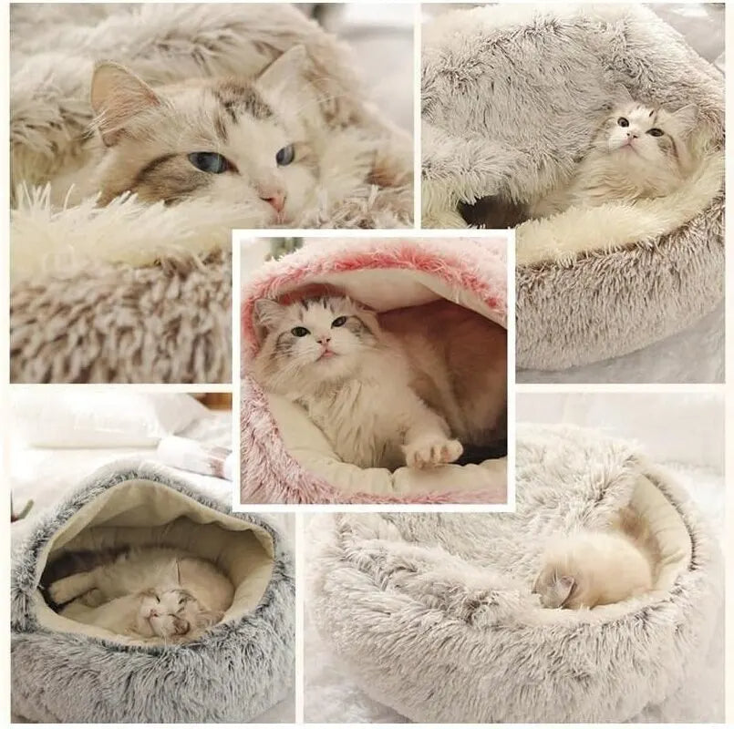 Cat Bed Round Soft Plush Fluffy Cave Hooded Cat Bed Donut for Dogs & Cats, Faux Fur Cuddler Round Cushion Comfortable Self Warming Pet Bed, Machine Washable 97