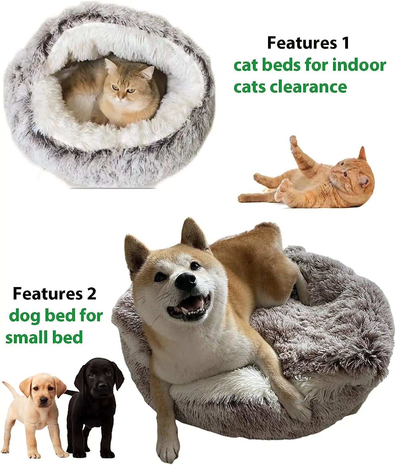 Cat Bed Round Soft Plush Fluffy Cave Hooded Cat Bed Donut for Dogs & Cats, Faux Fur Cuddler Round Cushion Comfortable Self Warming Pet Bed, Machine Washable 97