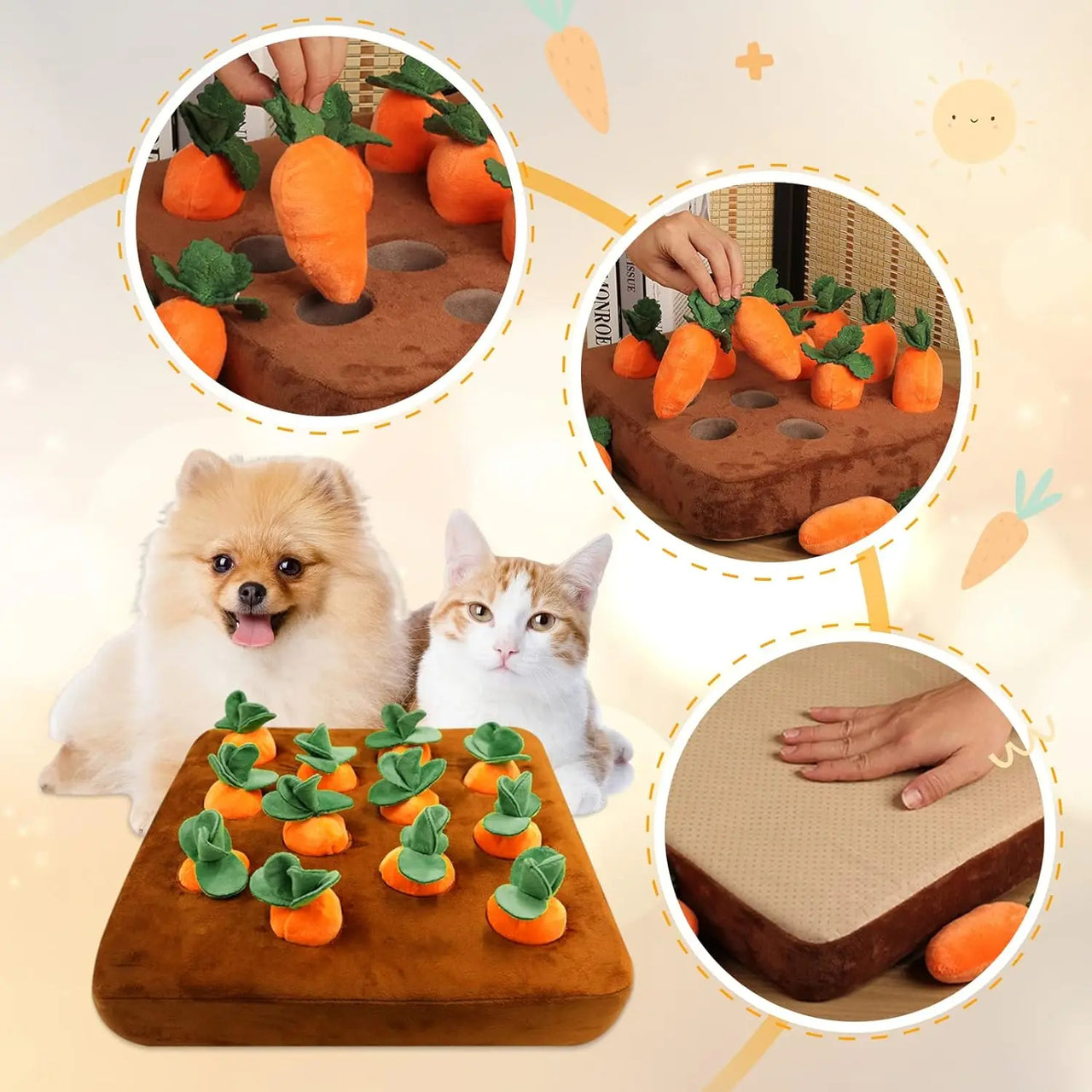 Toy Plush Plants Stuffed Carrots Farm Interactive Dog Toys, Carrot Snuffle Mat for Dogs Plush Puzzle Toys 2 in 1 Non-Slip Nosework Feed Games for Aggressive Chewers Pet Stress Relief with 12 Carrots, Puppy Toys, Gift For Pet 46