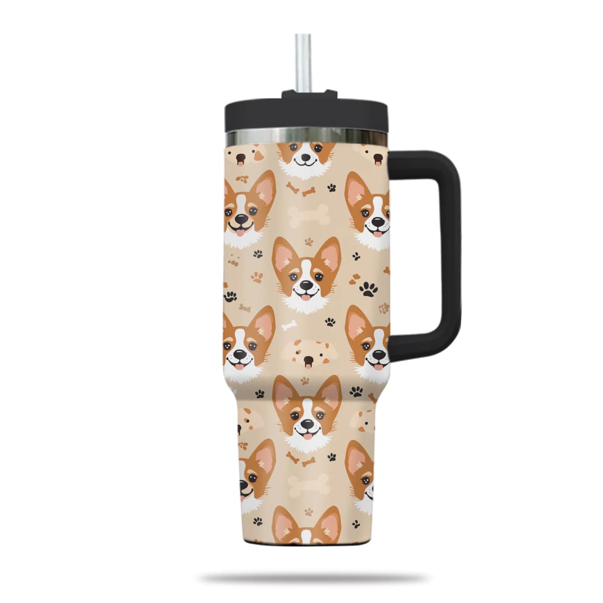 Cute Corgi Tumbler 40oz With Handle, Corgi Pattern 40oz Tumbler, Dog Paw Photo Tumbler with Straw, Dog Lover Tumbler, Stainless Steel Tumbler, Insulated Tumbler