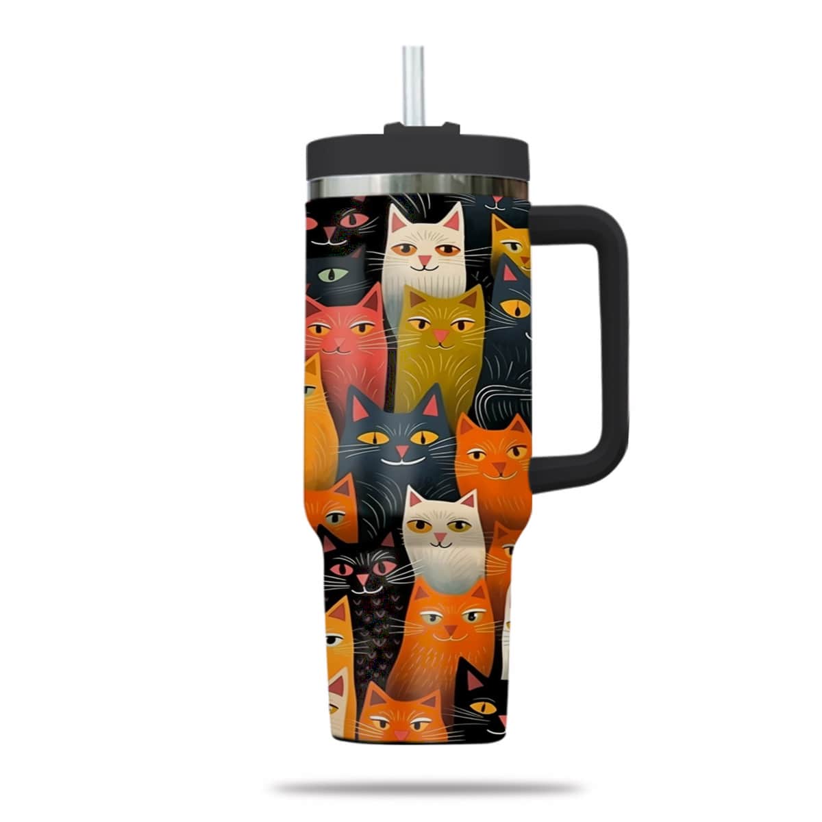 Cute Cat Tumbler 40oz With Handle, Cat Pattern 40oz Tumbler, Cat Lover Tumbler 40oz, Stainless Steel Tumbler, Insulated Tumbler 02