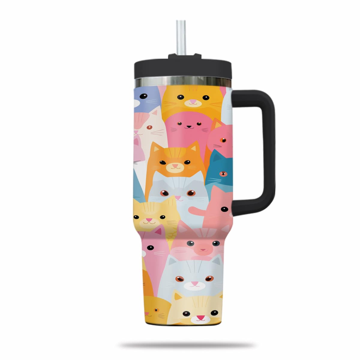 Cute Cat Tumbler 40oz With Handle, Cat Pattern 40oz Tumbler, Cat Lover Tumbler 40oz, Stainless Steel Tumbler, Insulated Tumbler 09