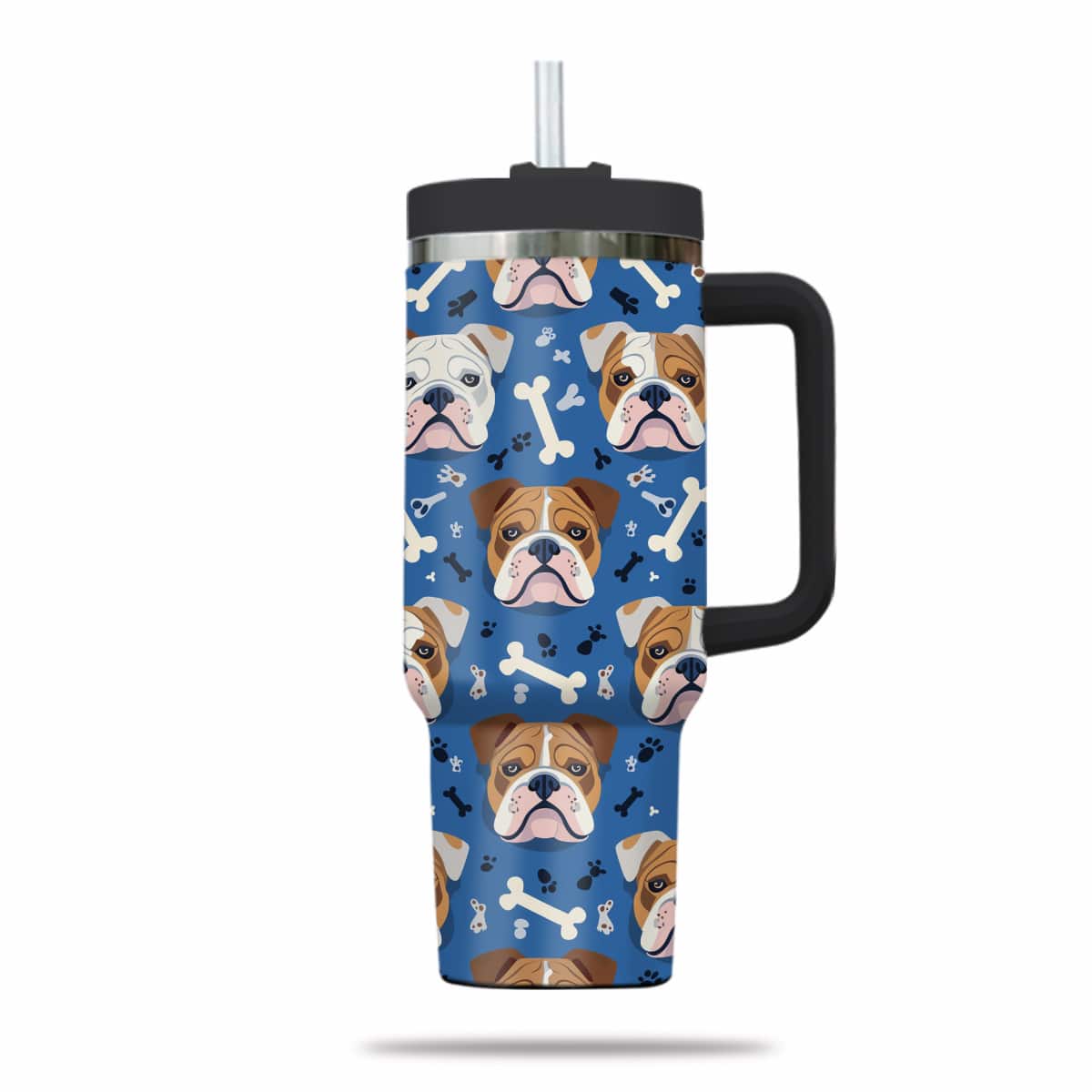 Cute Bulldog Tumbler 40oz With Handle, Bulldog Pattern 40oz Tumbler, Dog Paw Photo Tumbler with Straw, Dog Lover Tumbler, Stainless Steel Tumbler, Insulated Tumbler