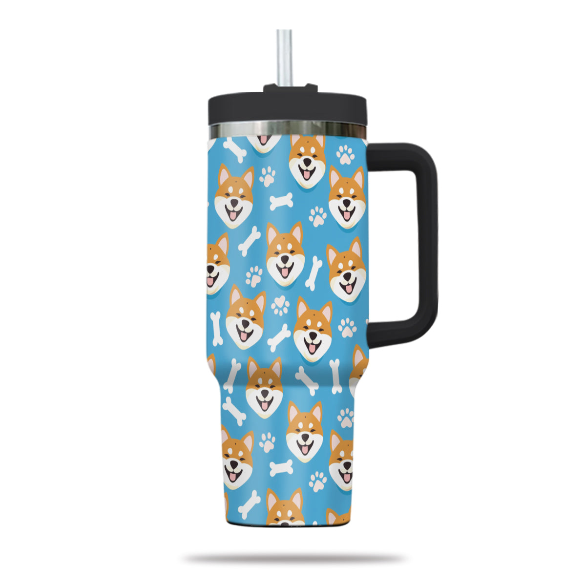 Cute Shiba Tumbler 40oz With Handle, Shiba Pattern 40oz Tumbler, Dog Paw Photo Tumbler with Straw, Dog Lover Tumbler, Stainless Steel Tumbler, Insulated Tumbler 01