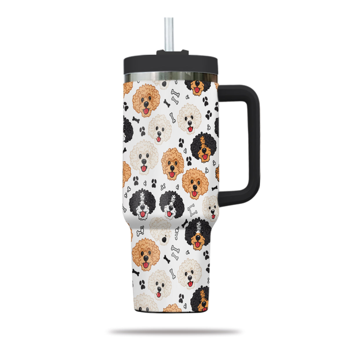 Cute Poodle Tumbler 40oz With Handle, Poodle Pattern 40oz Tumbler, Dog Paw Photo Tumbler with Straw, Dog Lover Tumbler, Stainless Steel Tumbler, Insulated Tumbler 02