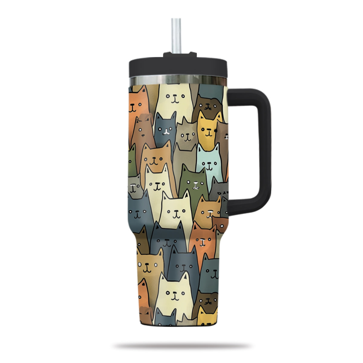 Cute Cat Tumbler 40oz With Handle, Cat Pattern 40oz Tumbler, Cat Lover Tumbler 40oz, Stainless Steel Tumbler, Insulated Tumbler 20