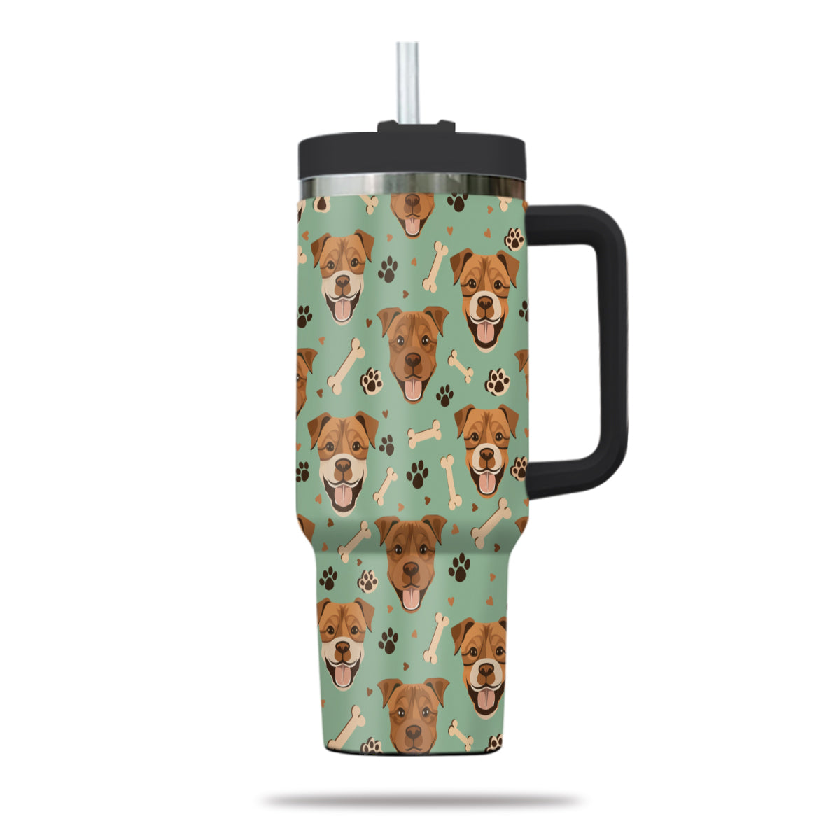 Cute Pitbull Tumbler 40oz With Handle, Pitbull Pattern 40oz Tumbler, Dog Paw Photo Tumbler with Straw, Dog Lover Tumbler, Stainless Steel Tumbler, Insulated Tumbler