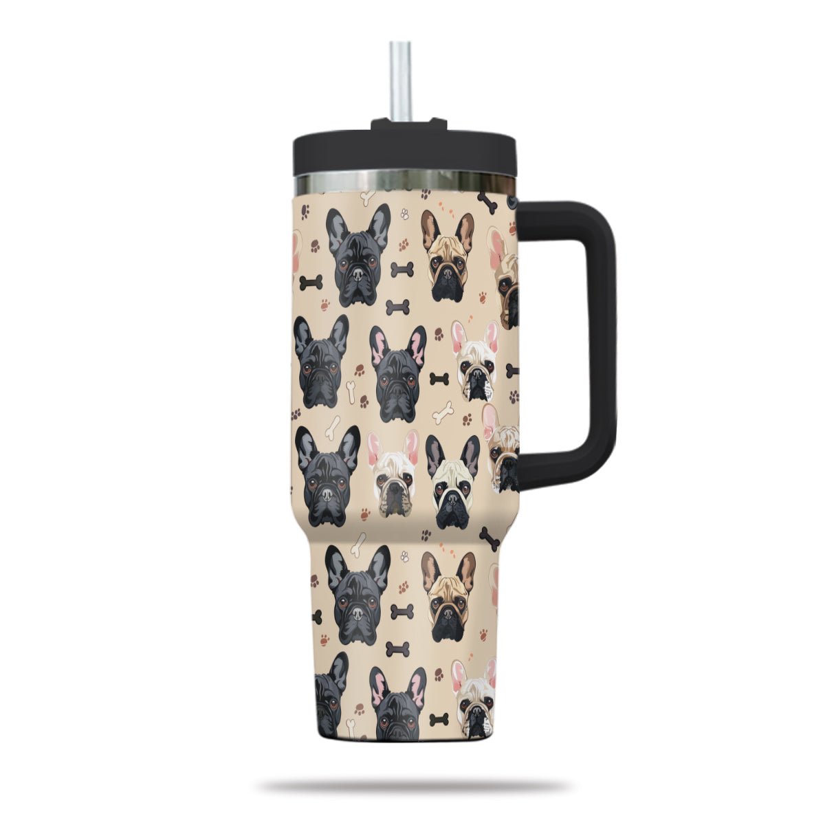 Cute French Bulldog Tumbler 40oz With Handle, French Bulldog Pattern 40oz Tumbler, Dog Paw Photo Tumbler with Straw, Dog Lover Tumbler, Stainless Steel Tumbler, Insulated Tumbler 01