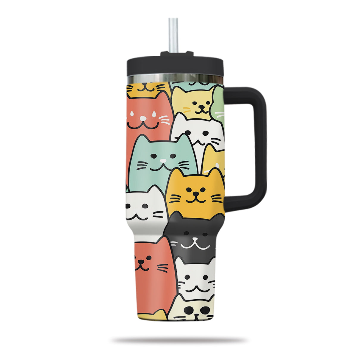 Cute Cat Tumbler 40oz With Handle, Cat Pattern 40oz Tumbler, Cat Lover Tumbler 40oz, Stainless Steel Tumbler, Insulated Tumbler 26