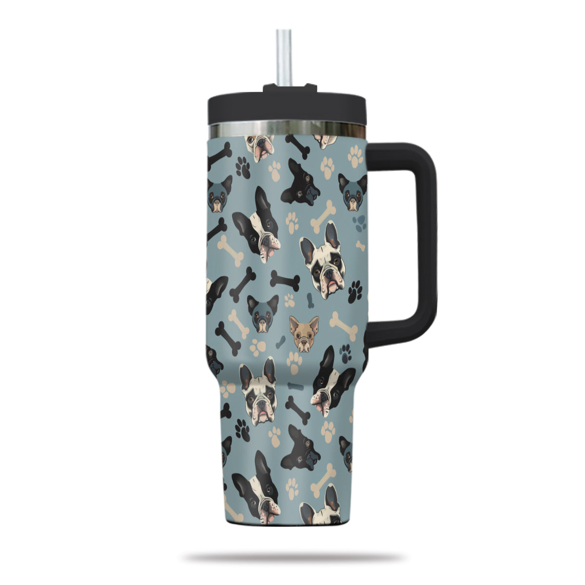 Cute French Bulldog Tumbler 40oz With Handle, French Bulldog Pattern 40oz Tumbler, Dog Paw Photo Tumbler with Straw, Dog Lover Tumbler, Stainless Steel Tumbler, Insulated Tumbler 02