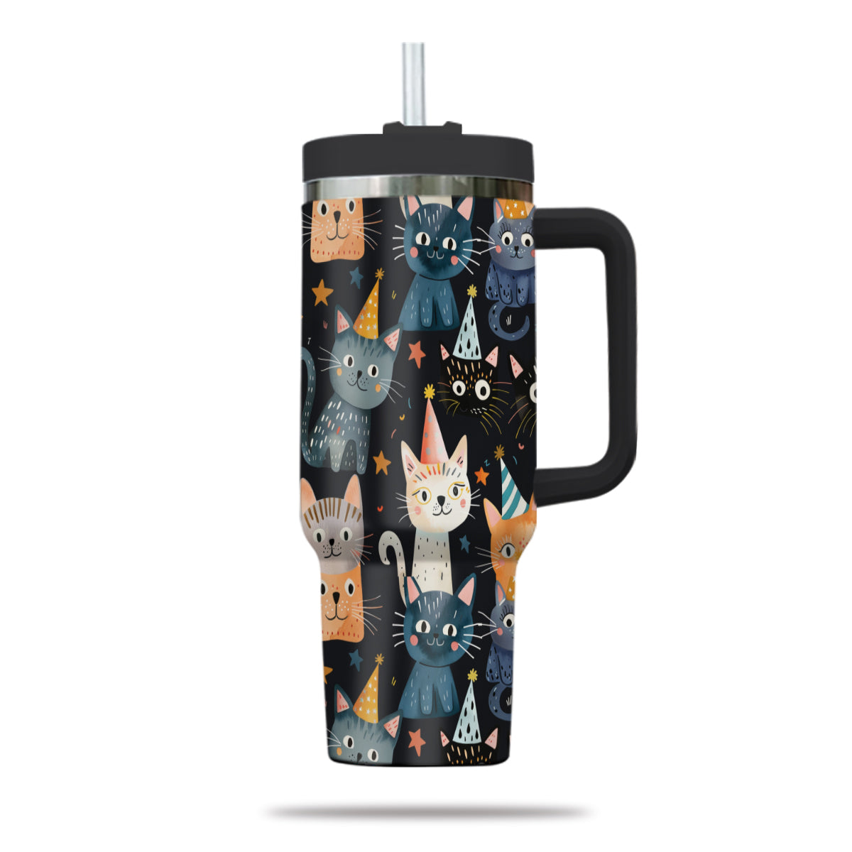 Cute Cat Tumbler 40oz With Handle, Cat Pattern 40oz Tumbler, Cat Lover Tumbler 40oz, Stainless Steel Tumbler, Insulated Tumbler 14