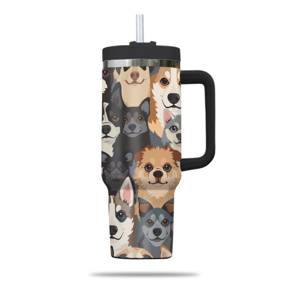 Cute Dog Tumbler 40oz With Handle, Dog Face Pattern 40oz Tumbler, Puppies Tumbler with Straw, Dog Lover Tumbler, Stainless Steel Tumbler, Insulated Tumbler 05