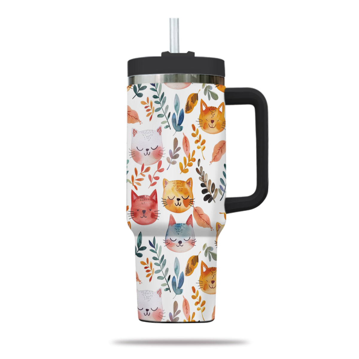 Cute Cat Tumbler 40oz With Handle, Cat Pattern 40oz Tumbler, Cat Lover Tumbler 40oz, Stainless Steel Tumbler, Insulated Tumbler 12