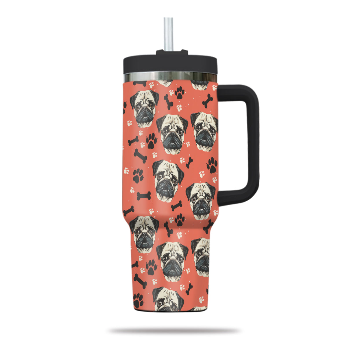 Cute Pug Tumbler 40oz With Handle, Pug Pattern 40oz Tumbler, Dog Paw Photo Tumbler with Straw, Dog Lover Tumbler, Stainless Steel Tumbler, Insulated Tumbler