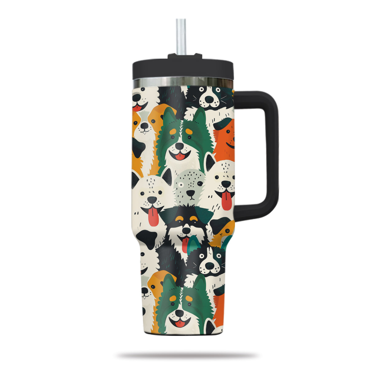 Cute Dog Tumbler 40oz With Handle, Dog Face Pattern 40oz Tumbler, Puppies Tumbler with Straw, Dog Lover Tumbler, Stainless Steel Tumbler, Insulated Tumbler 01