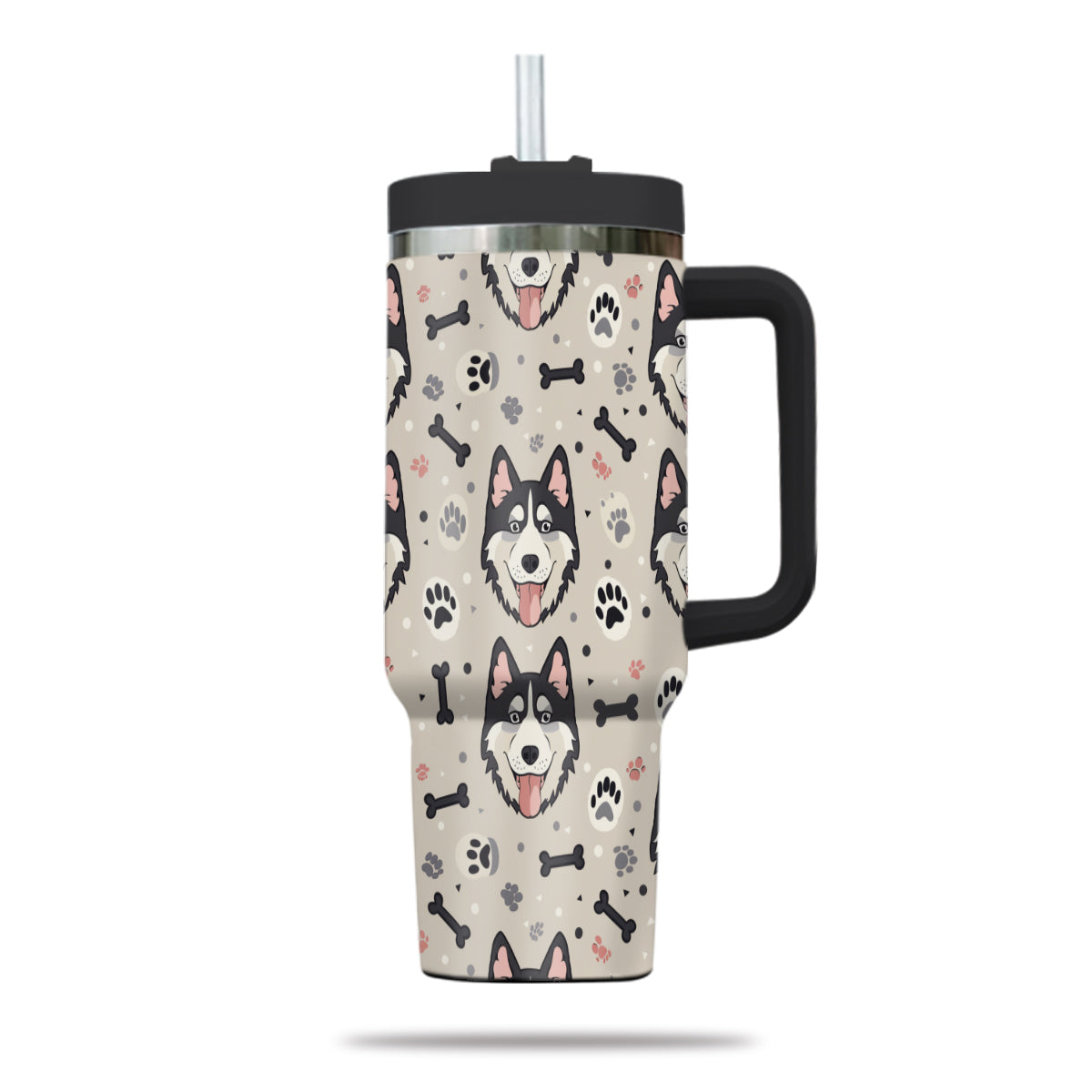 Cute Siberian Husky Tumbler 40oz With Handle, Siberian Husky Pattern 40oz Tumbler, Dog Paw Photo Tumbler with Straw, Dog Lover Tumbler, Stainless Steel Tumbler, Insulated Tumbler 02