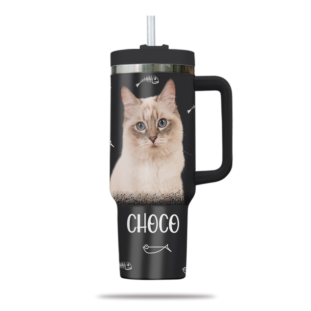 Custom Pet Photo Tumbler 40oz With Handle, Watercolor Pet Portrait From Photo Tumbler,  Personalized Cat Face Photo Tumbler with Straw, Cat Lover Tumbler, Stainless Steel Tumbler, Insulated Tumbler 16